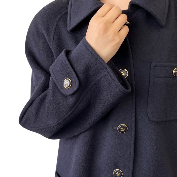 CHANEL Vinatage 95A CC Logo Button Coat Jacket #38 Cashmere Dark Blue [106350] - Picture 3 of 12